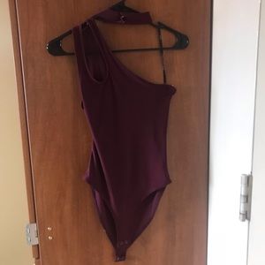Maroon One-Shoulder Bodysuit with Choker Connected